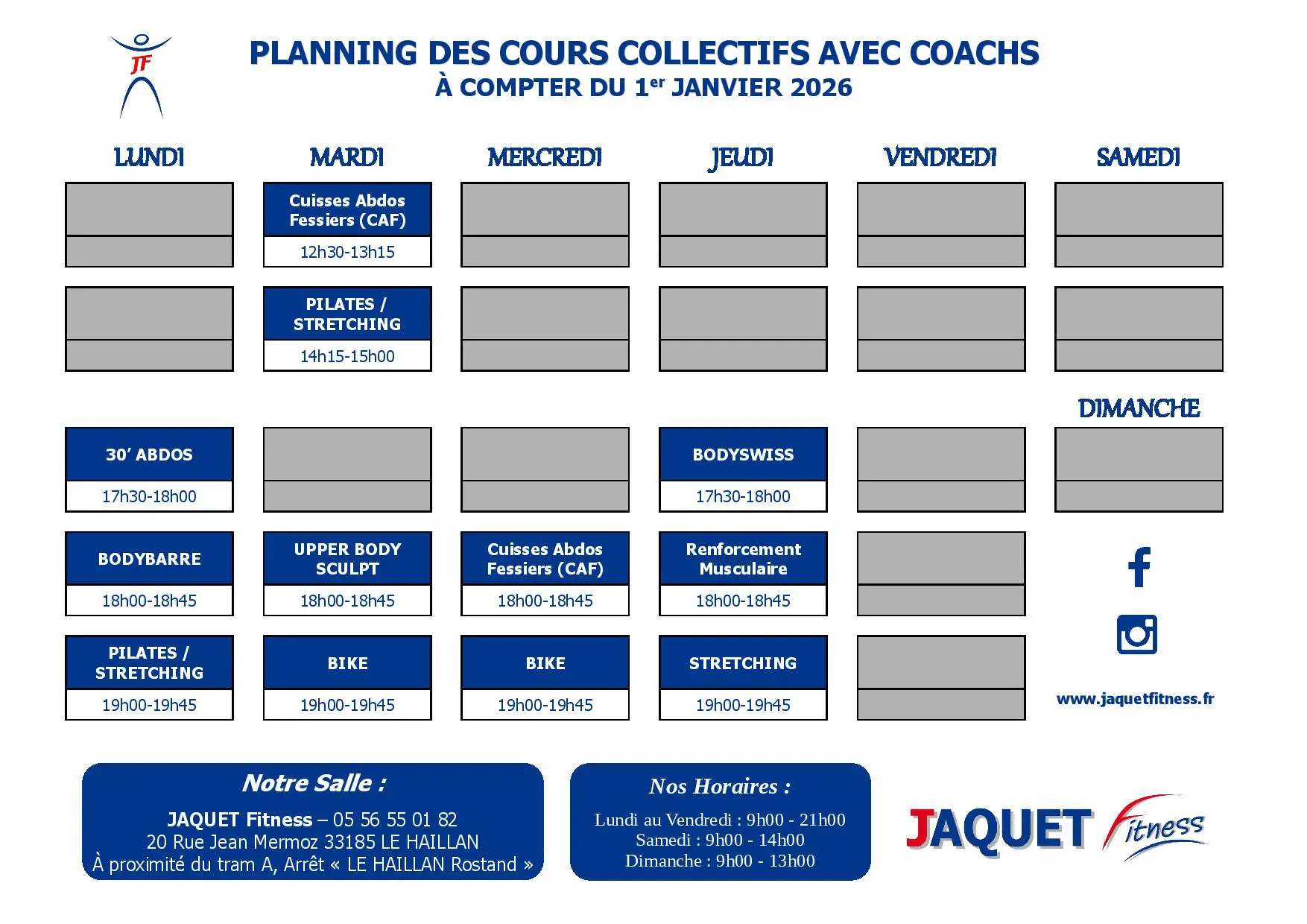 Planning cours collectifs en salle de sport JAQUET FITNESS au Haillan et Eysines Planning cours collectifs en salle de sport JAQUET FITNESS au Haillan et Eysines